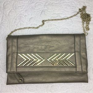 Imoshion Metallic Pewter Clutch w/ Chain Strap & Gold Geo Detail Evening Bag
